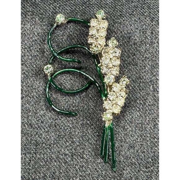 Vintage Enamel Brooch with Light Green and Clear Rhinestones - Picture 7 of 8